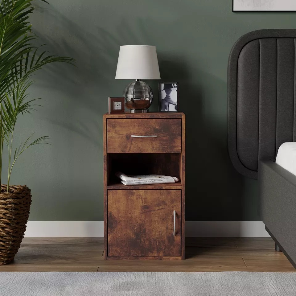 image 1 of 1-Drawer 1-Door Wooden Bedside Table | Brown | Colour: Rustic Brown | 1