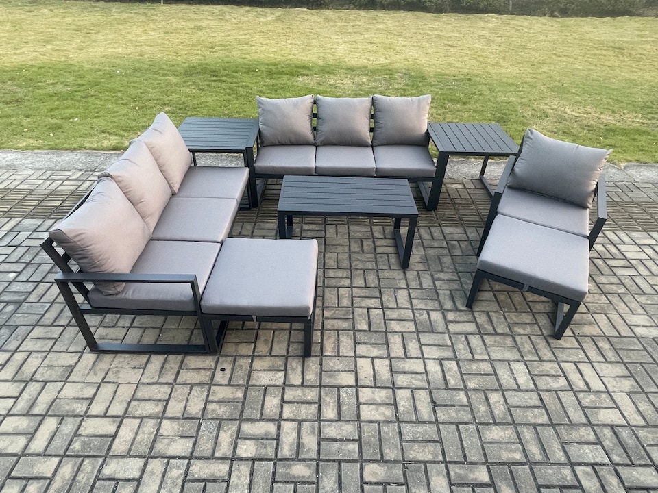 image 1 of Fimous Aluminium 8 Pieces Garden Furniture Set with Cushions 9 Seater Outdoor Patio Lounge Sofa Set with Armchair 2 Big Footstools 2 Side Tables Dark Grey