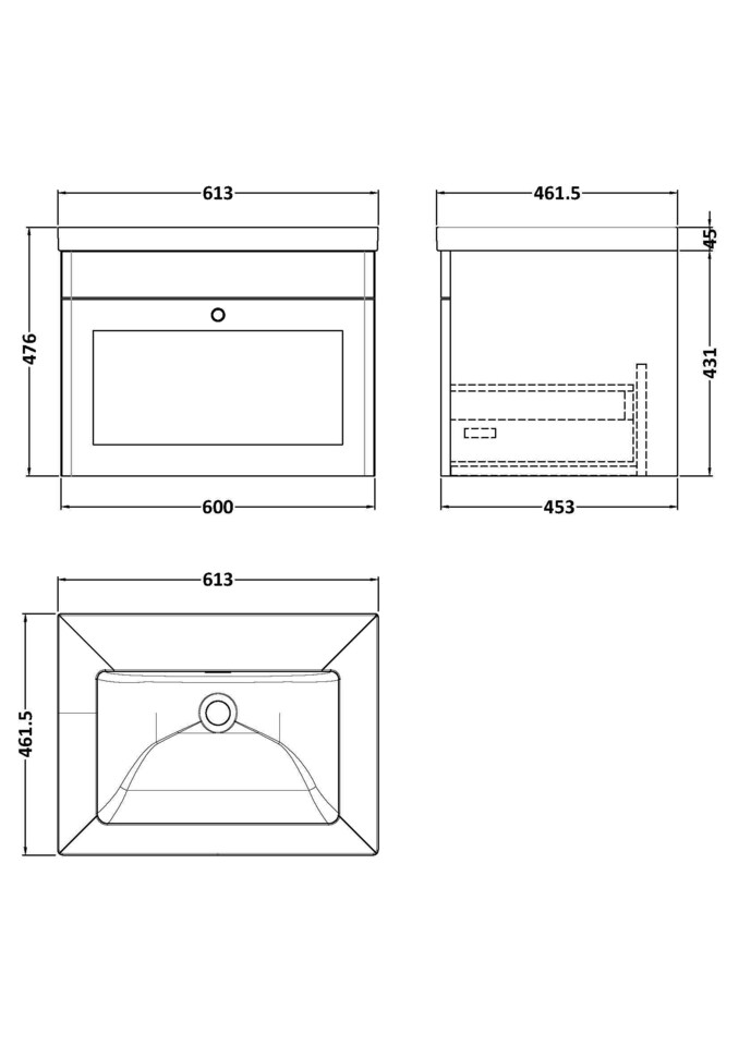 image 1 of Balterley Swynnerton Traditional 1 Drawer Wall Hung Vanity Unit with Fireclay Basin, Satin Grey, 600mm