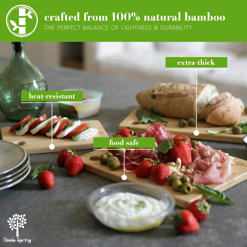image 1 of Nicola Spring 3pc Bamboo Chopping Board Set 100% Bamboo Natural Cutting Serving Worktop Saver Boards Brown