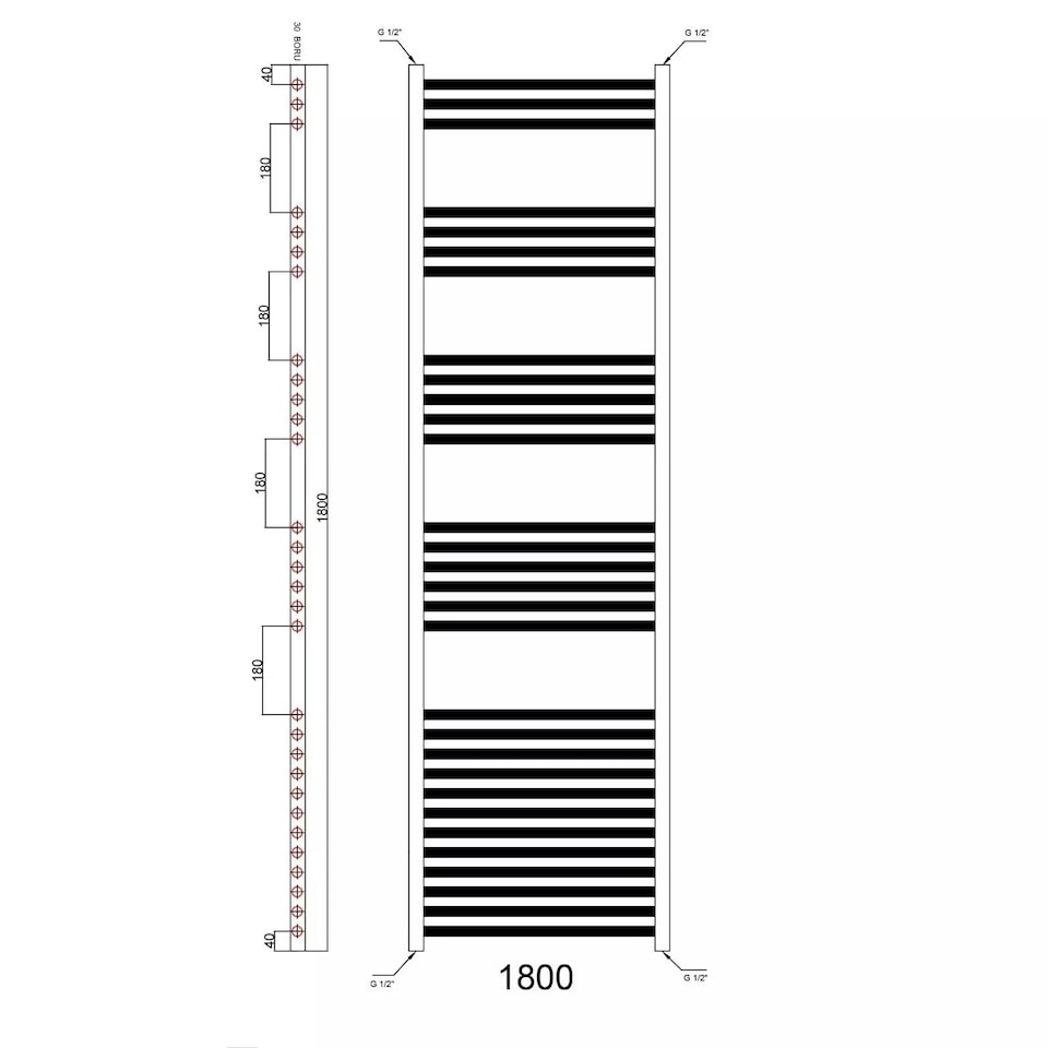 image 1 of Matt Black 1800 x 600mm Heated Bathroom Towel Rail Warmer Ladder Radiator with Straight Manual Valves Pair