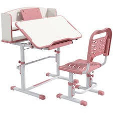 ZONEKIZ Kids Desk and Chair Set, Height Adjustable Children School Study Table with Drawer, Bookshelf, Adjustable Angle Tabletop, Non-slip Mat, for Ages 6-12 Years - Pink | Pink | Pink