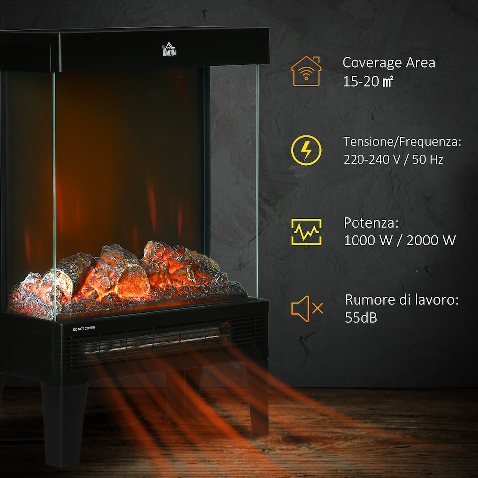 image 1 of HOMCOM 180 Charming Electric Fireplace Heater, Quiet Freestanding Stove with LED Flame Effect, Level-less Temperature Control, Overheating Protection, 1000W2000W, Black