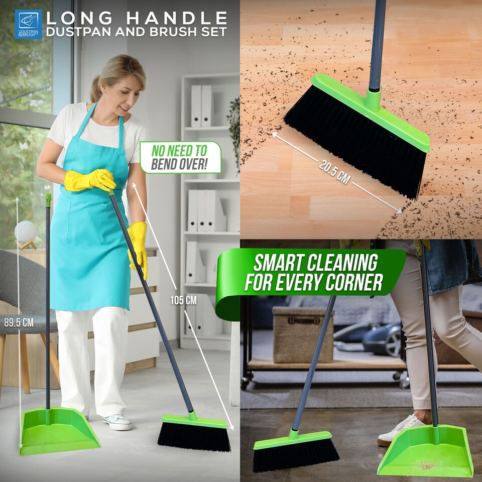 image 1 of Long Handled Upright Dustpan and Brush Set Ergonomic Standing Sweeper