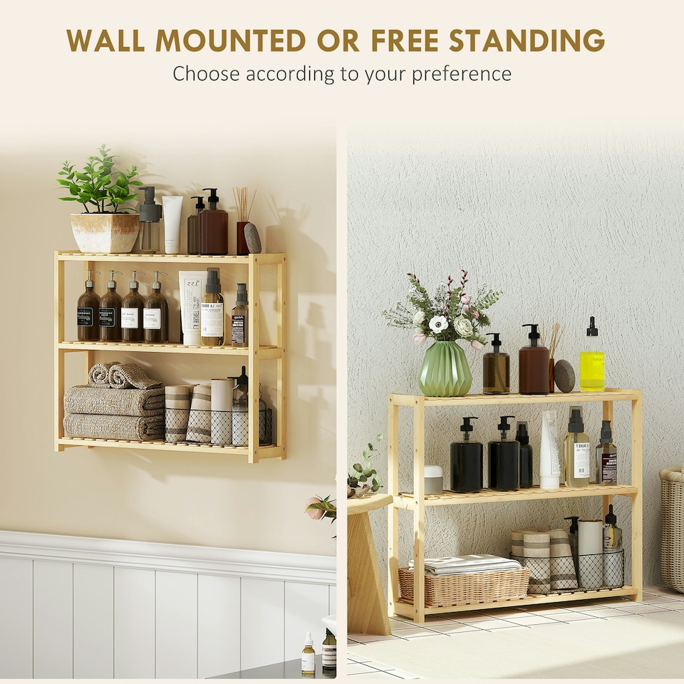 image 1 of HOMCOM 3-Tier Bamboo Adjustable Bathroom Storage Shelf, Natural