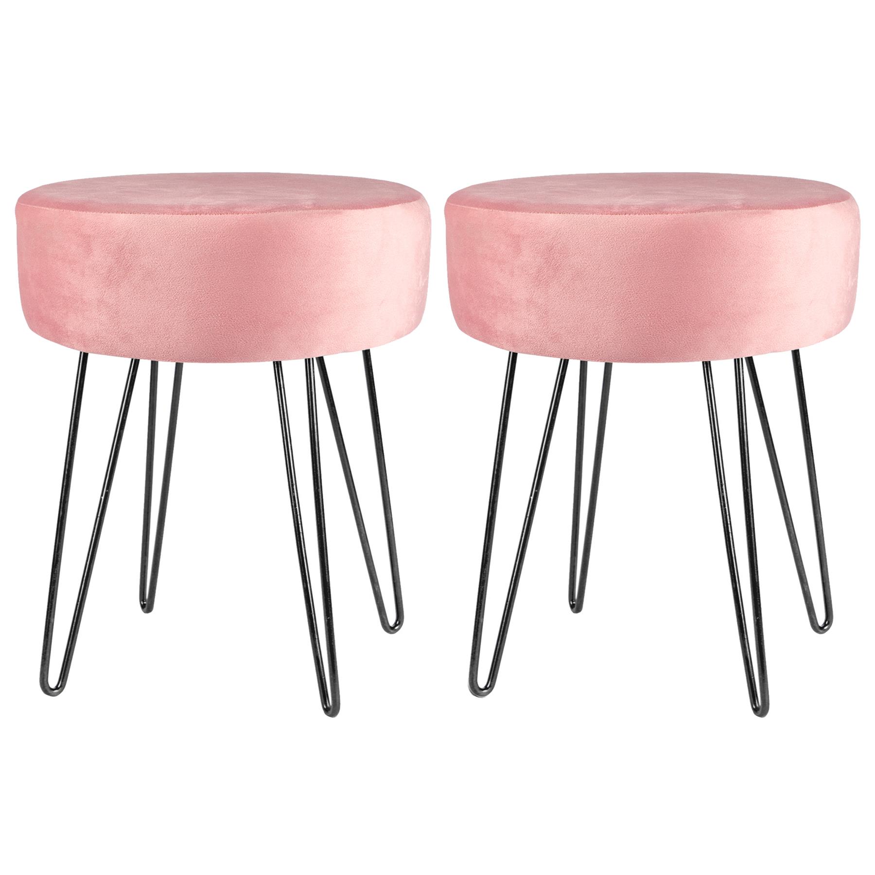 Harbour Housewares 2x Velvet Footstools - Round Modern Dressing Table Footstool Vanity Seat Chairs - 40 x 35cm - Pink/Black Pink Pink/Black Pack of 2