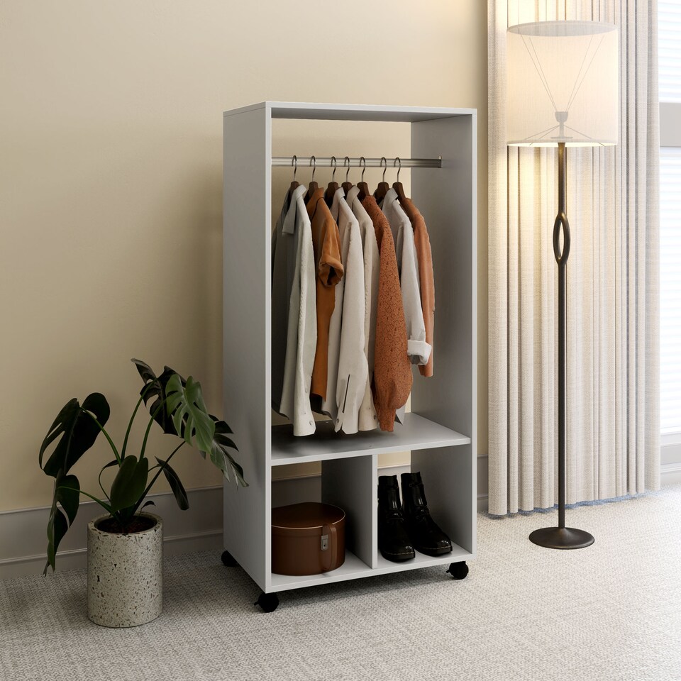 image 1 of HOMCOM Open Wardrobe on Wheels, Bedroom Wardrobe with Clothes Hanging Rail, 2 Storage Shelves, Mobile Garment Rack for Cloakroom, Hallway, Grey