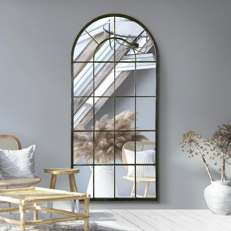 image 1 of The Arcus - Antique Black Framed Arched Window Leaner/Wall Mirror 71" X 33.5" (180x85CM) Black