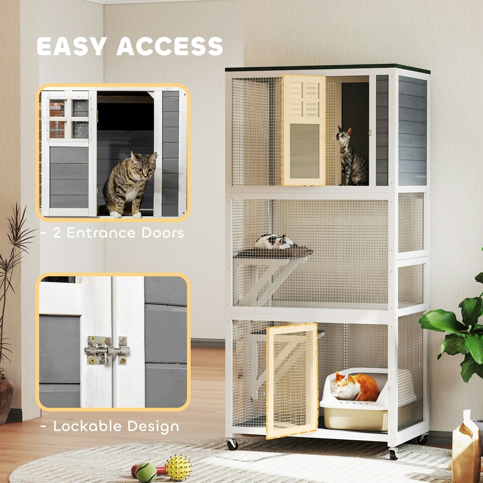 image 1 of PawHut Wooden Cat House with Asphalt Roof, Cat Cage for Multiple Cats White White | Dark grey