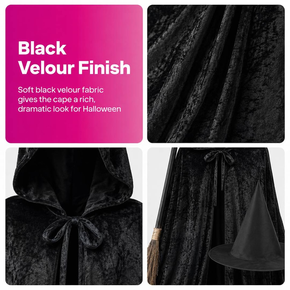 image 1 of Adult Witch Costume Set - Halloween Cape, Pointed Hat & Broomstick