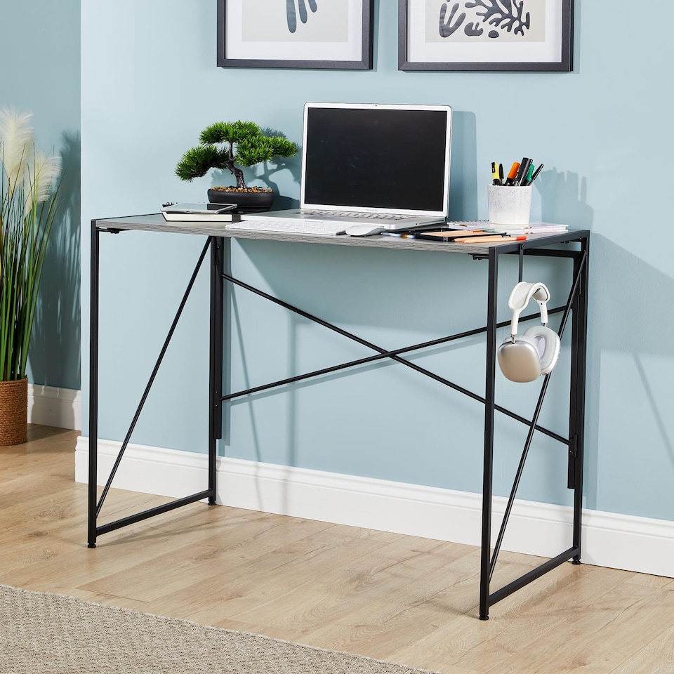 image 1 of Folding Compact Desk Storage Hook Wood Metal Office Computer Table Workstation | Grey