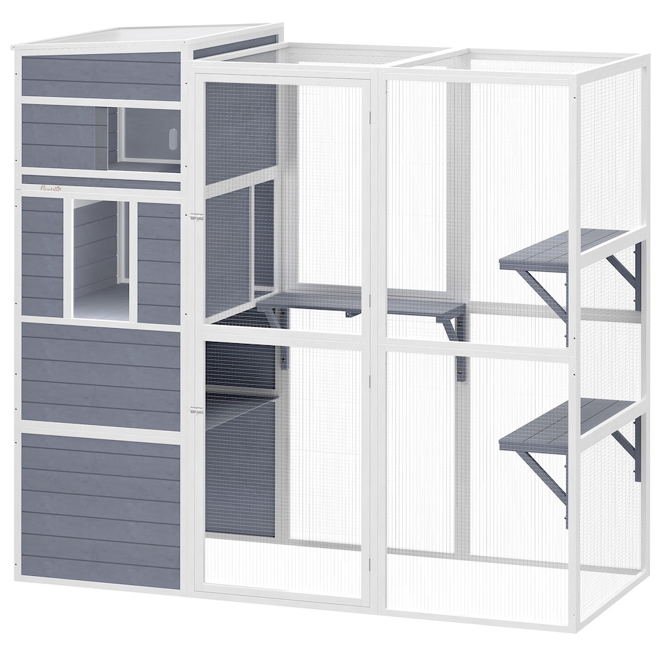 image 1 of PawHut Wooden Catio with Spacious Resting Rooms, 3 Platforms, Window, Grey