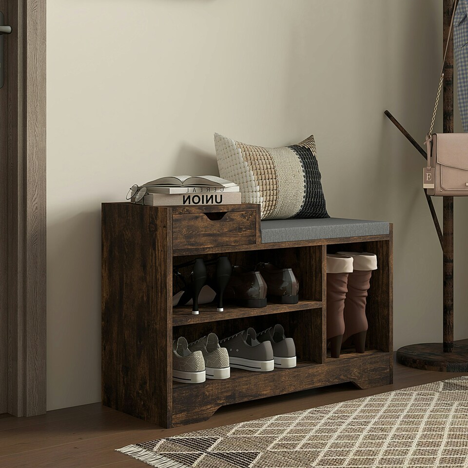 image 1 of HOMCOM Upholstered Entryway Shoe Bench with Storage Drawer Open Shelf Brown Brown