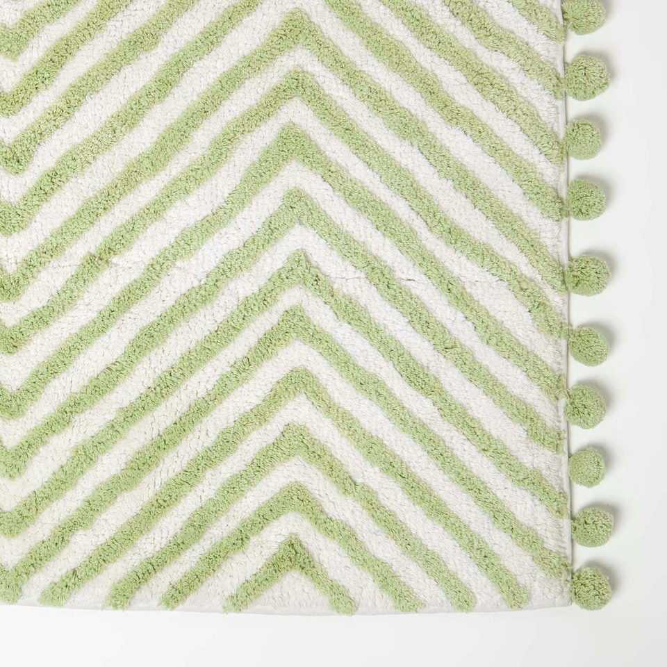 image 1 of Homescapes Sage Green Cotton Bath Mat Tufted Zig Zag with Pom Pom Edges - 50 x 80 cm Green