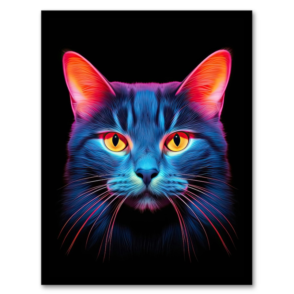 image 1 of Luminescent Cat Orange Purple High Contrast Black Framed Wall Art Print A4