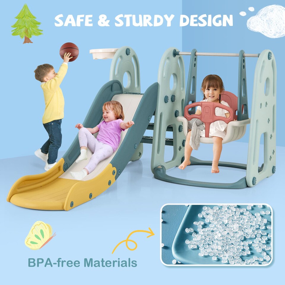 image 1 of COSTWAY 4-in-1 Kids Slide and Swing Set Freestanding Baby Slide Playset