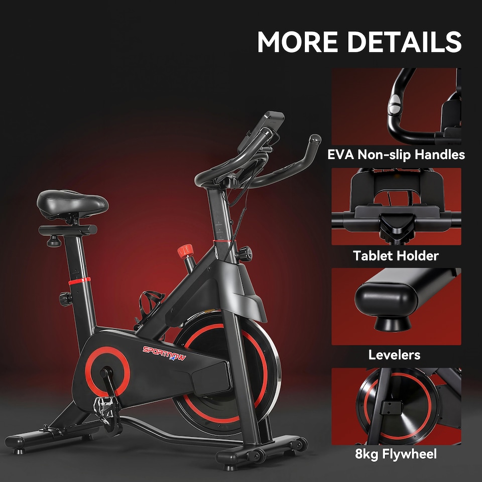 image 1 of SPORTNOW Exercise Bike, Stationary Bike with Adjustable Magnetic Resistance | Red | Red and Black | 108L x 51W x 104-116H cm