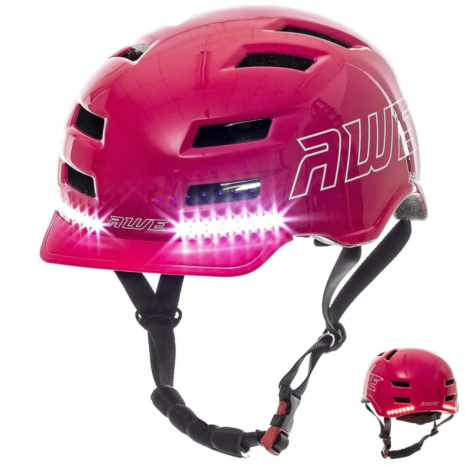 image 1 of AWETech LED USB Rechargeable In Mould Bike Helmet 360 MEGAVisibility Pink Medium 55-58cm | Pink | M