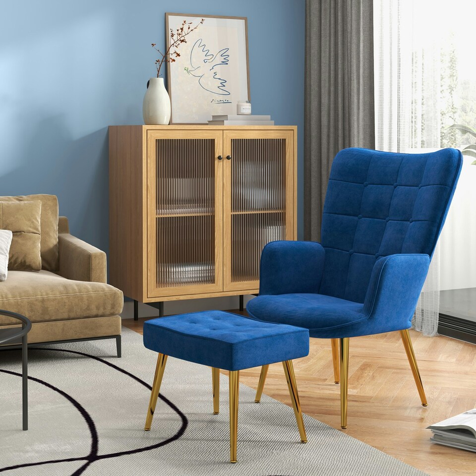 image 1 of HOMCOM Button Tufted Armchair with Footstool and Gold Legs Dark Blue