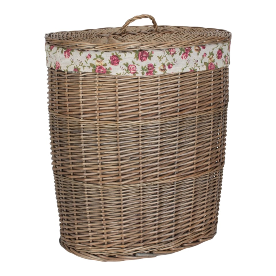 image 1 of Set of 2 Antique Wash Garden Rose Cotton Lined Oval Laundry Basket