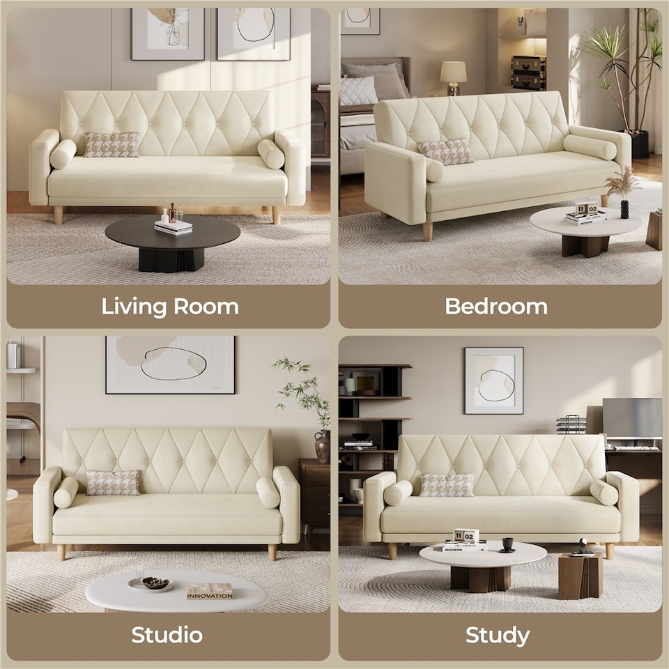 image 1 of Yaheetech Velvet Convertible Sofa Bed with 2 Bolster Pillows-Beige