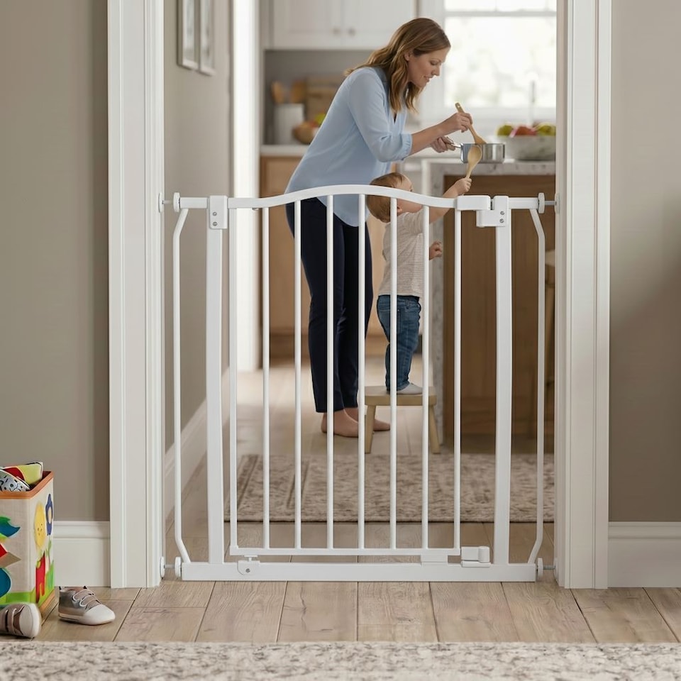 image 1 of Safetots Extra Tall Curved Top Safety Gate, 71cm - 80cm, Matt White, Extra Tall 100cm in Height, Pressure Fit Stair Gate