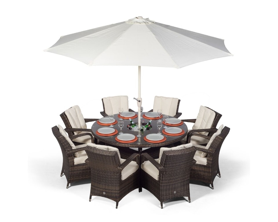 image 1 of Arizona Round 8 Seater Rattan Dining Set with Ice Bucket Drinks Cooler | Brown | Brown