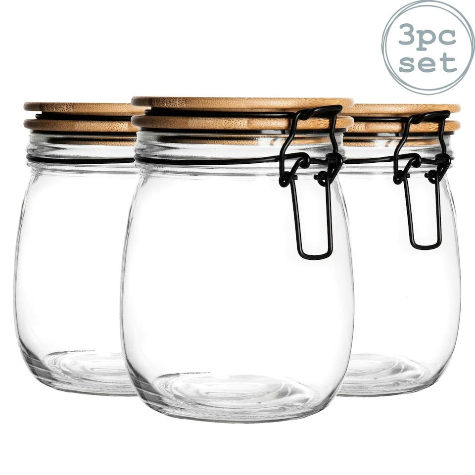 image 1 of Argon Tableware Wooden Clip Lid Storage Jars - 750ml - Black Seal - Pack of 3