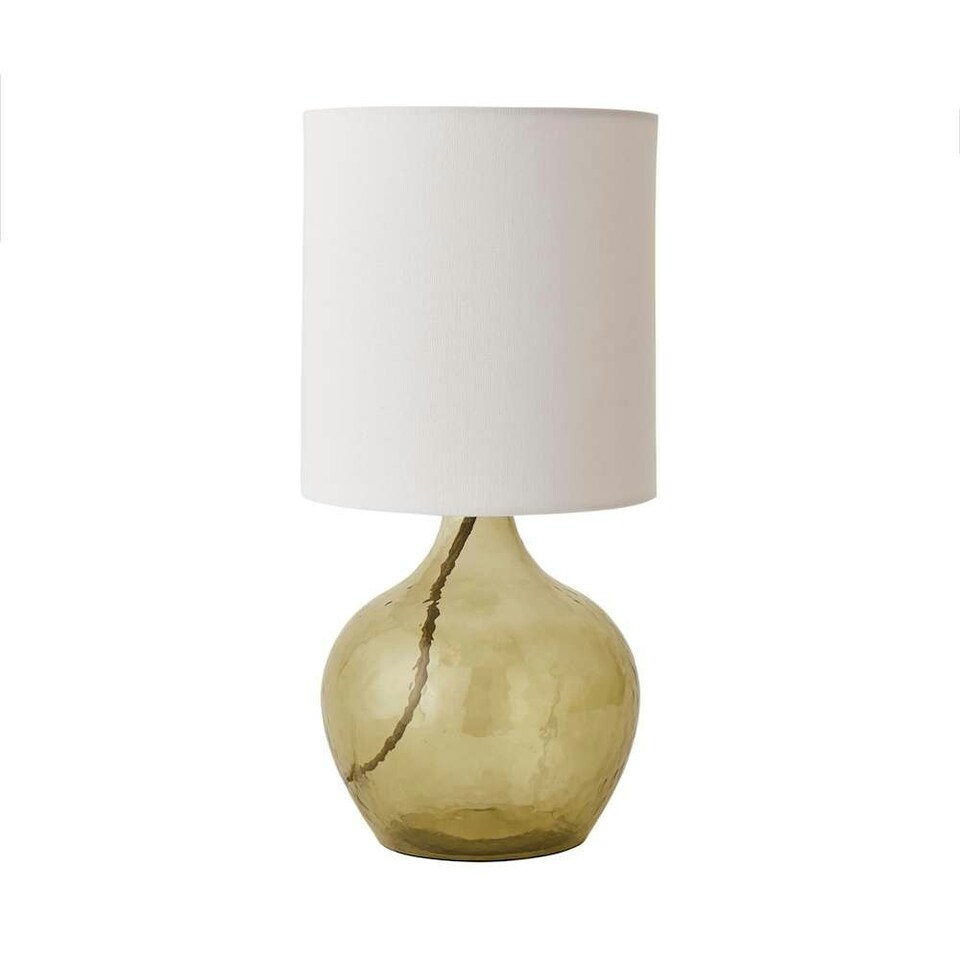 image 1 of ValueLights Emily Natural Linen Drum Shade Dark Green Glass Teardrop Table Lamp Green