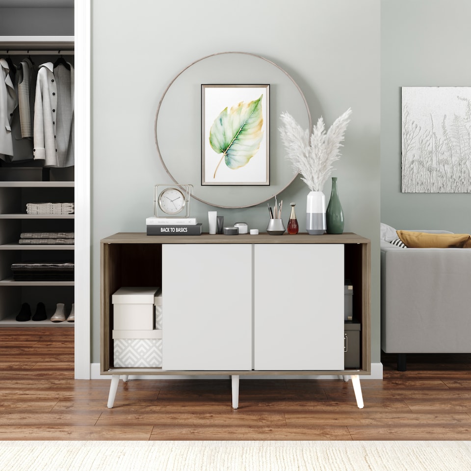 image 1 of URBNLIVING Oak Carcass 3 Door Sliding Storage Cabinet | Multi | White Doors & White Legs | 1