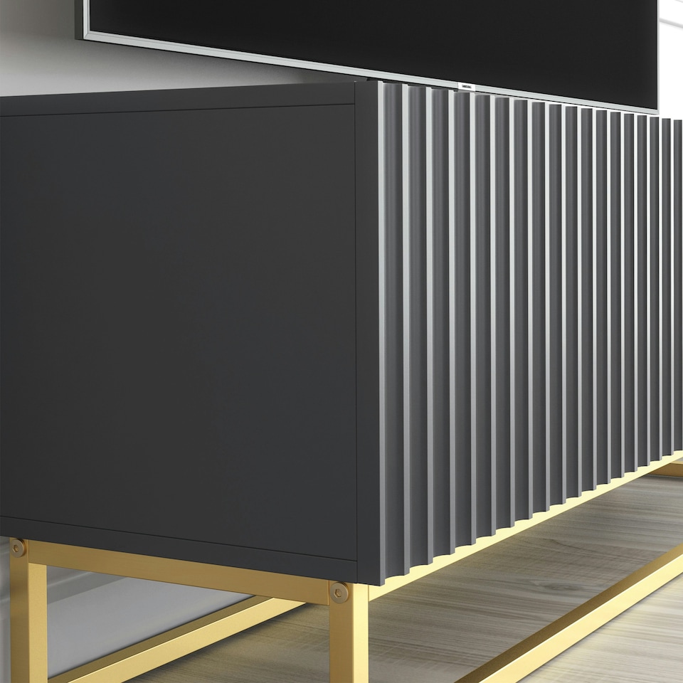 image 1 of TV Unit 100cm Grey Matt Fluted Fronts with Gold Metal Base Grey