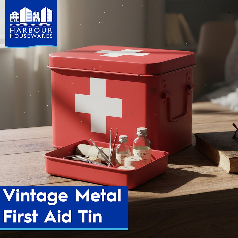 image 1 of Harbour Housewares Metal First Aid Box - 23cm - Medical Storage Tin with Airtight Lid, Handles & Removable Organiser Tray | White | White | 1