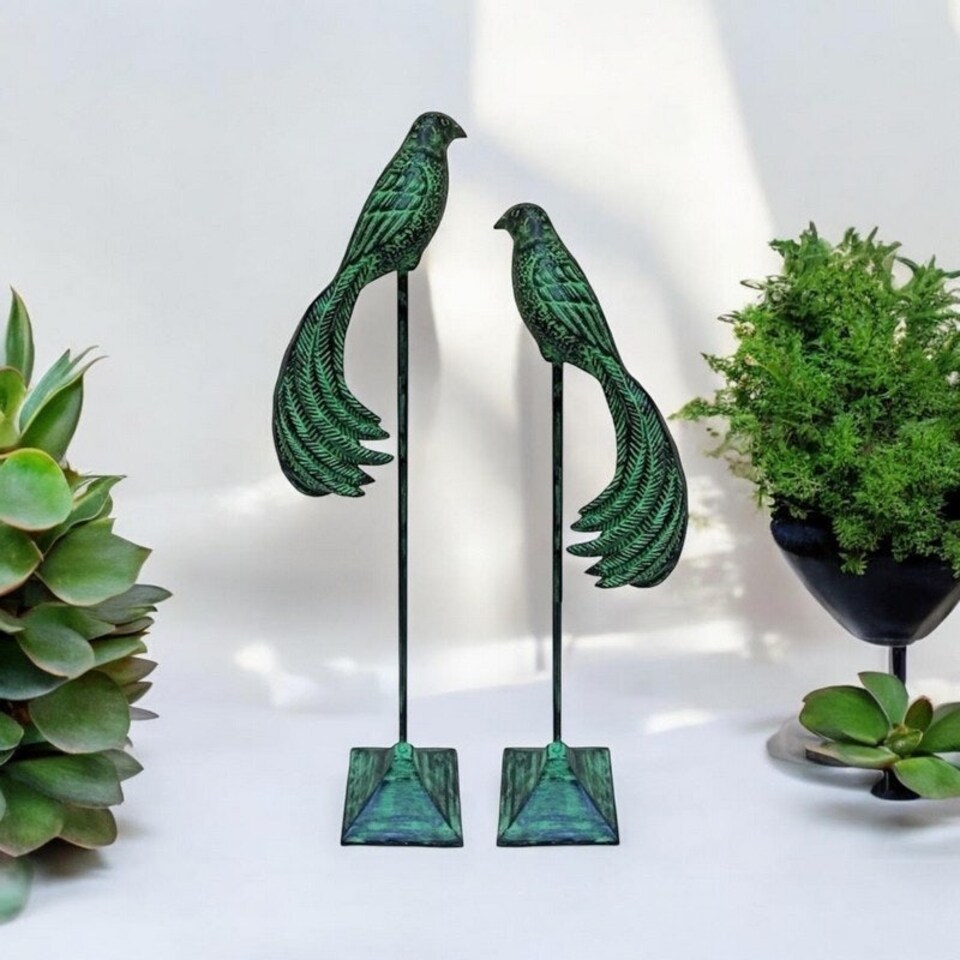 image 1 of Decorative Birds Ornament (Set of 2) - Cast Iron - Green