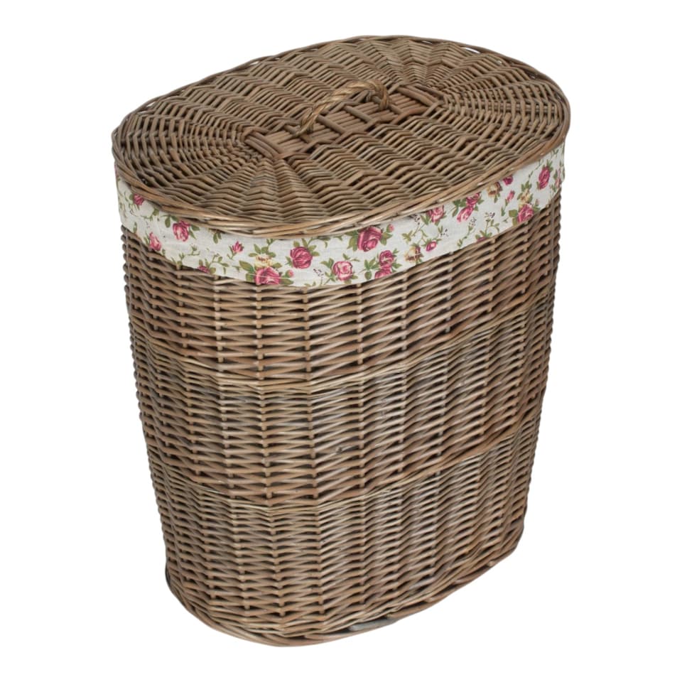 image 1 of Antique Wash Garden Rose Cotton Lined Oval Willow Laundry Basket