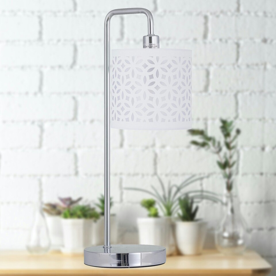 image 1 of First Choice Lighting Chrome Arched Table Lamp with White Laser Cut Shade Chrome | White