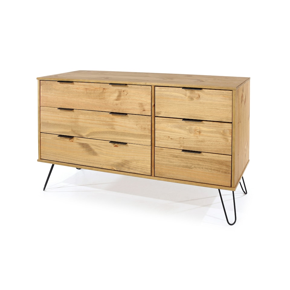 image 1 of Augusta Pine 3+3 Drawer Wide Chest of Drawers - Industrial Style Bedroom Storage Cabinet | Brown | Brown | One Size | 1