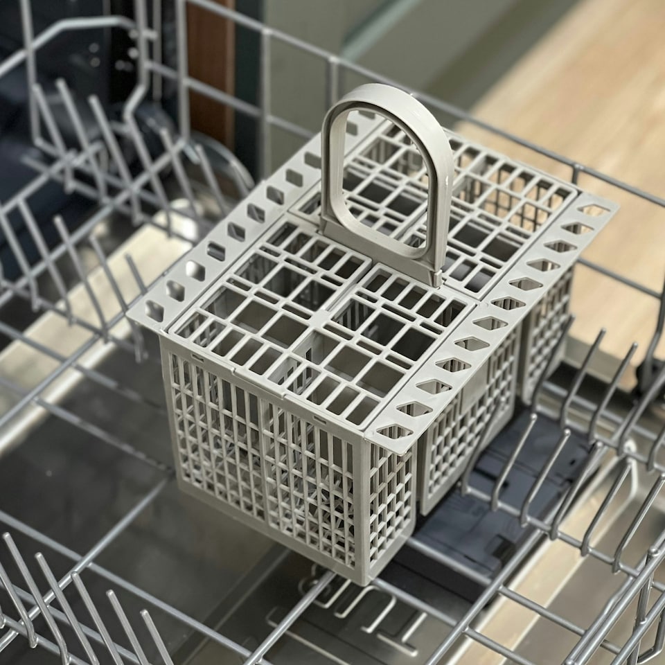 image 1 of SPARES2GO Cutlery Cage Basket compatible with Lamona Howdens Dishwasher (Grey, Removable Handle, 225mm)