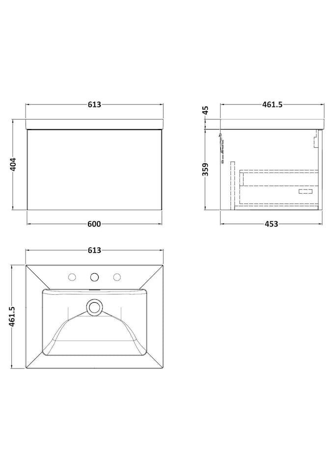 image 1 of Balterley Pershall Contemporary Wall Hung 1 Drawer Vanity Unit with 3 Tap Hole Fireclay Basin, 600mm, Matt White