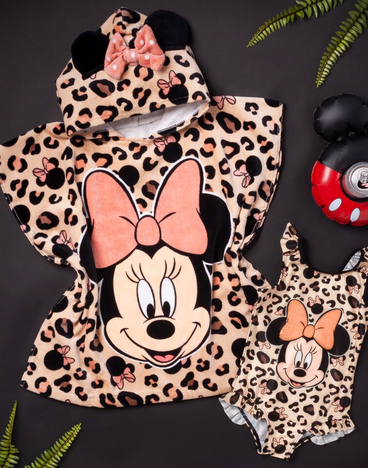 image 1 of Disney Minnie Mouse Girl's Swimsuit & One Size Hooded Towel Poncho Set | Kids Swimming Costume | Children's Bath Towel with 3D Ears Gift Pink