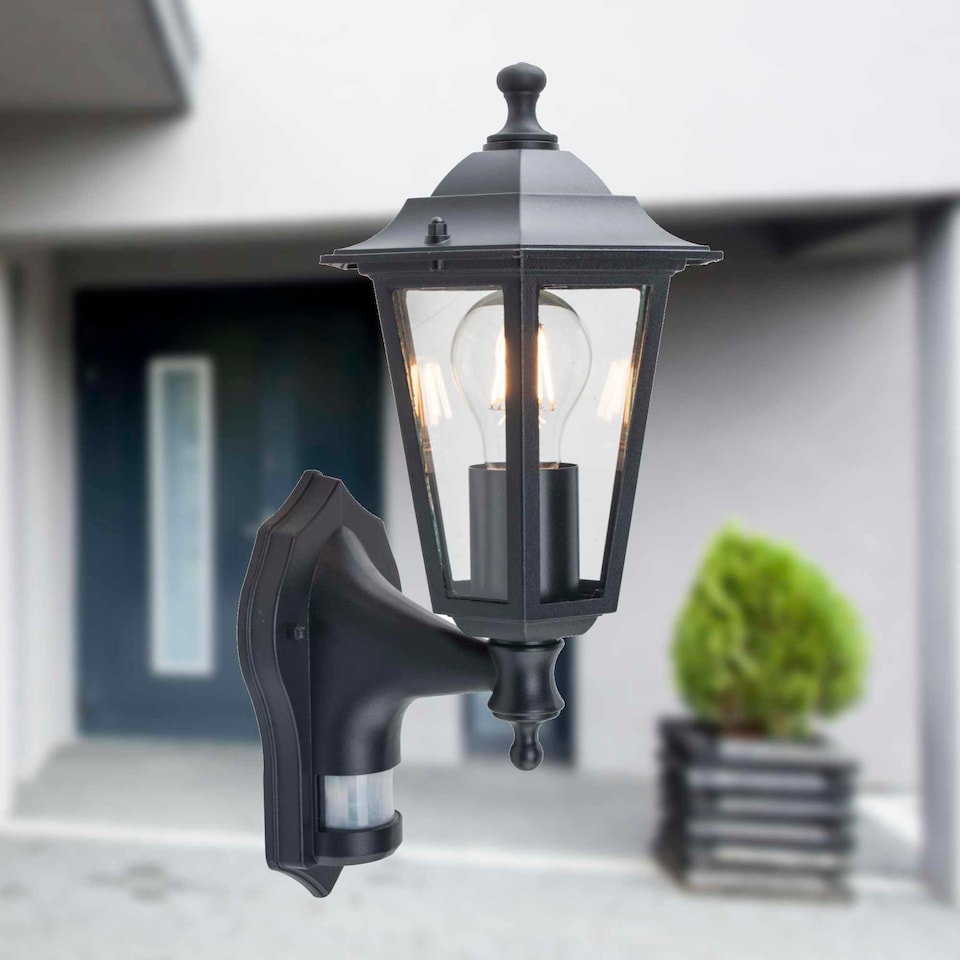 image 1 of Eversham - Black Six Sided Lantern Motion Sensor Outdoor Light | Black | Clear | 1