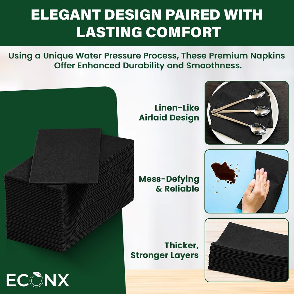 image 1 of ECONX Black Paper Napkins 40cm 2 Ply Strong Paper Napkins Tissue Serviettes Cocktail Napkins Pack of 250