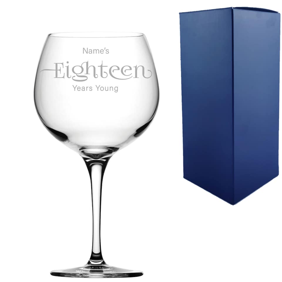 image 1 of Personalised 18th Birthday Primeur Gin Glass Years Young Sweeping Font