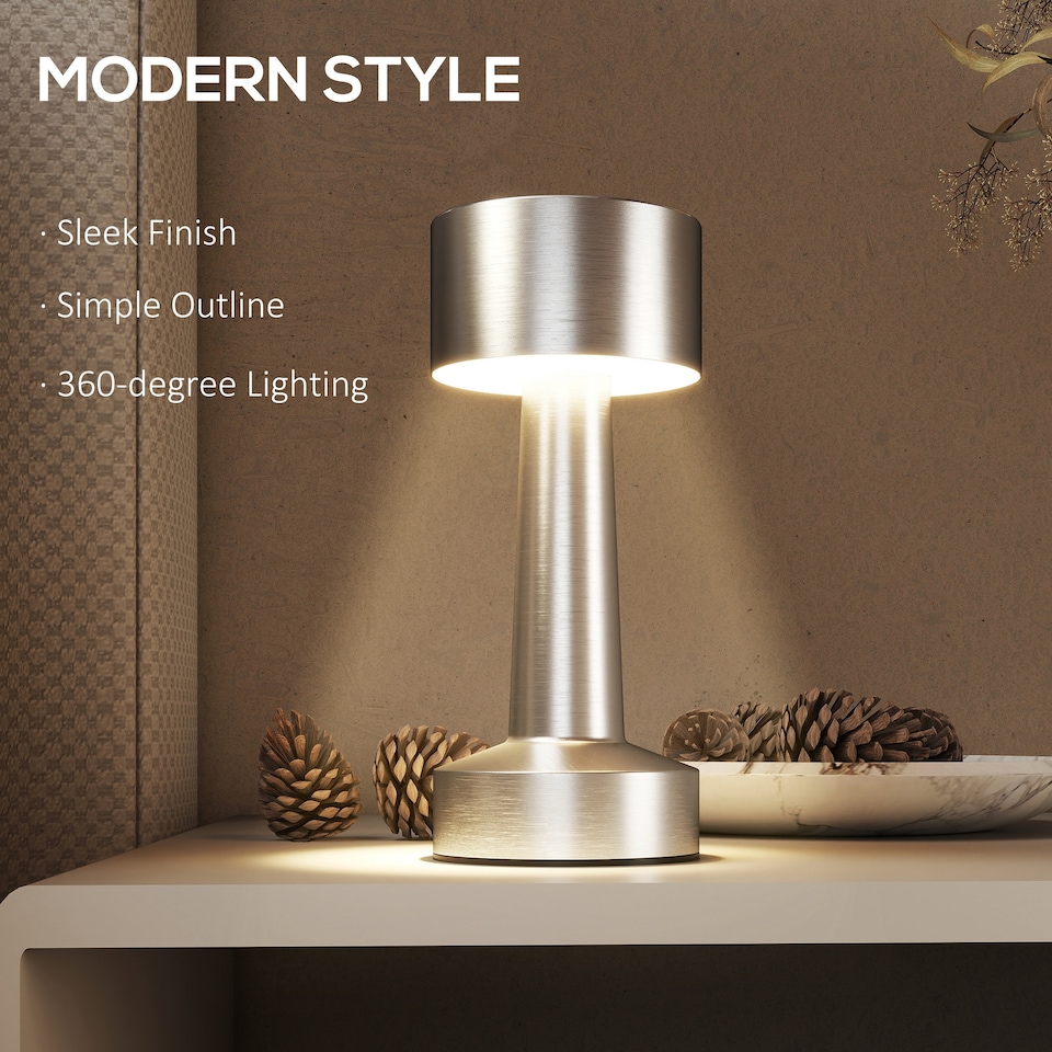 image 1 of HOMCOM Cordless Table Lamp with 2600mAh Rechargeable Battery, 3 Colour, Touch LED Lamp for Bedroom Living Room, Silver
