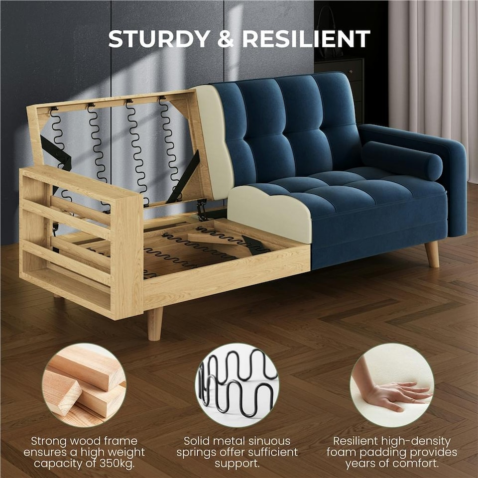 image 1 of Yaheetech Velvet Convertible Sofa Bed | Blue | Three Seater