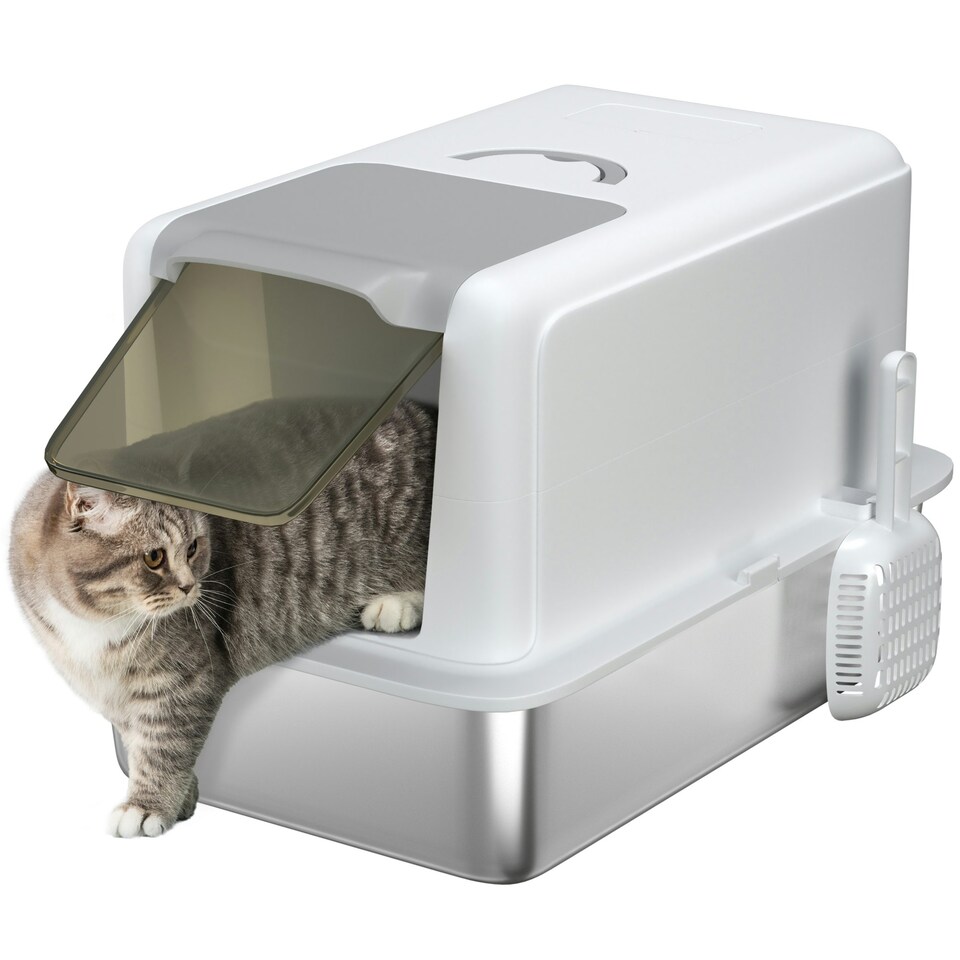image 1 of PawHut Stainless Steel Cat Litter Box with Removable Lid & Scoop Grey | One Size
