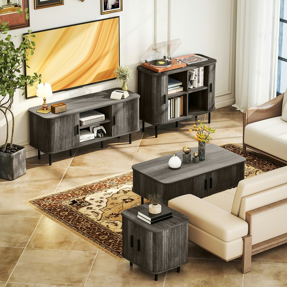 image 1 of HOMCOM Sideboard Storage Cabinet with Slatted Tambour Sliding Doors Grey Grey | Black