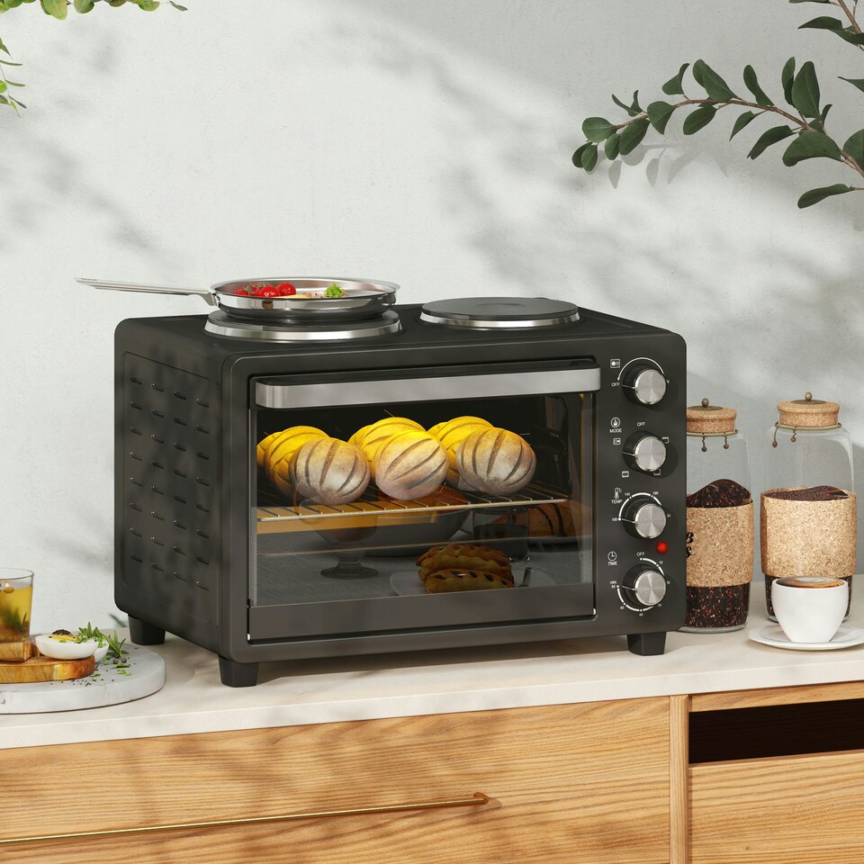 image 1 of HOMCOM 28L Countertop Toaster Oven with 2 Hot Plates, Grill, Roast, Bake