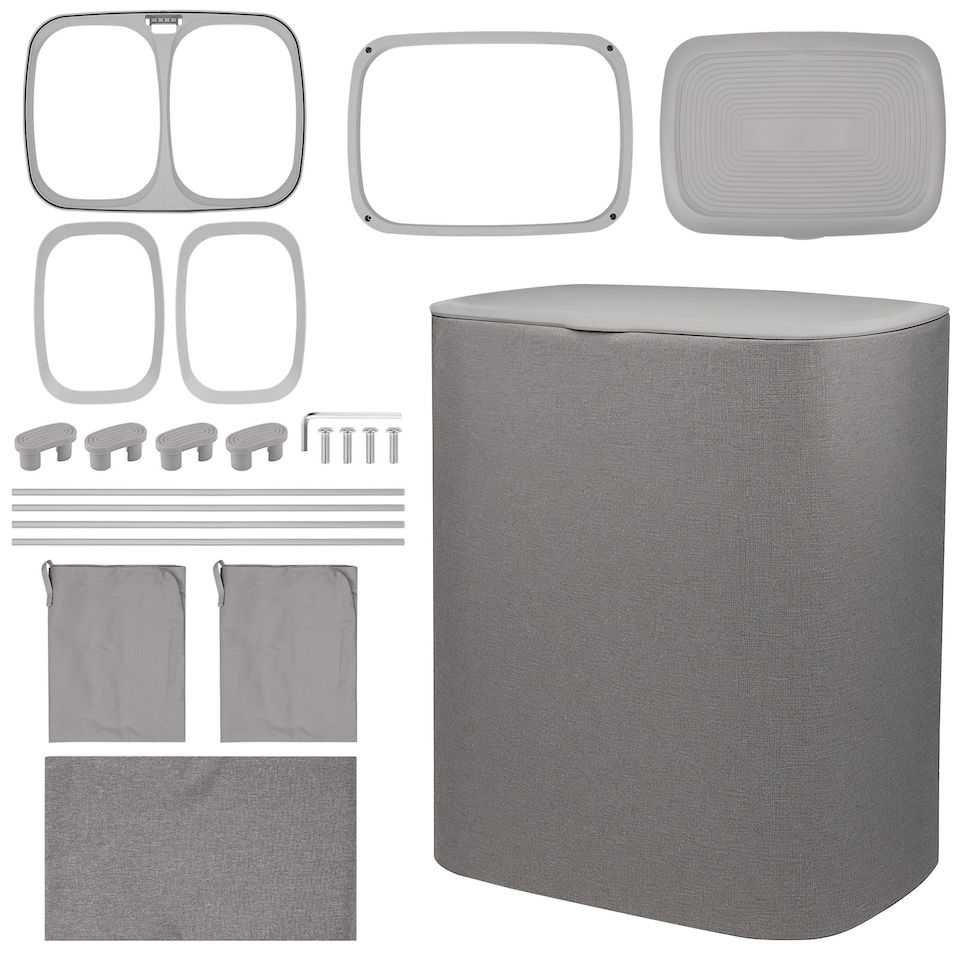 image 1 of 90L Laundry Basket with Lid & 2 Removable Bags, Washing Bin with Plastic Frame