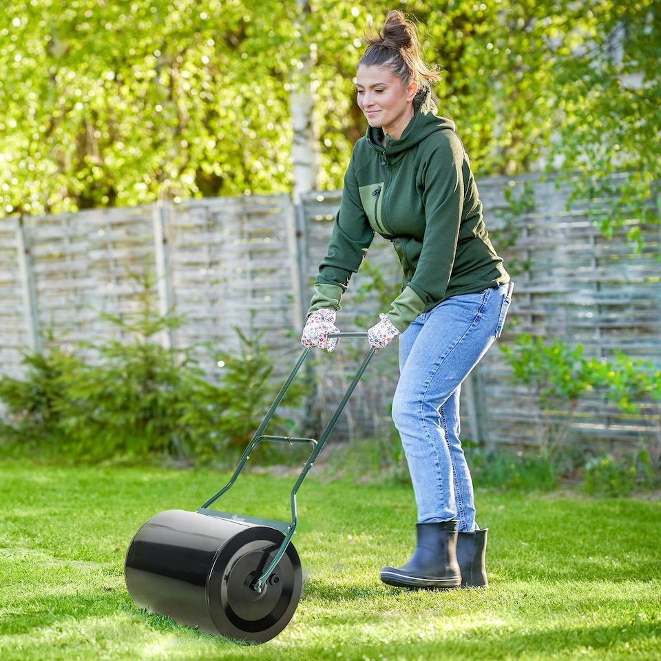 image 1 of 60L Steel Garden Roller Push Pull w/ Fillable Cylinder Water Rolling Drum