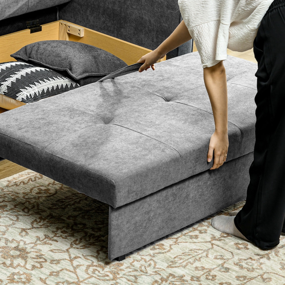 image 1 of HOMCOM 2 Seater Sofa Bed with Hidden Storage, Pull Out Convertible Bed Settee, Modern Snow Flannel Loveseat Sofa Sleeper with 2 Cushions for Living Room, Guest Room, Grey